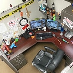 Aerial view of messy cubicle in office